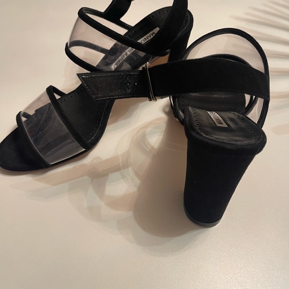 Manolo Blahnik black suede & clear heels, size 7